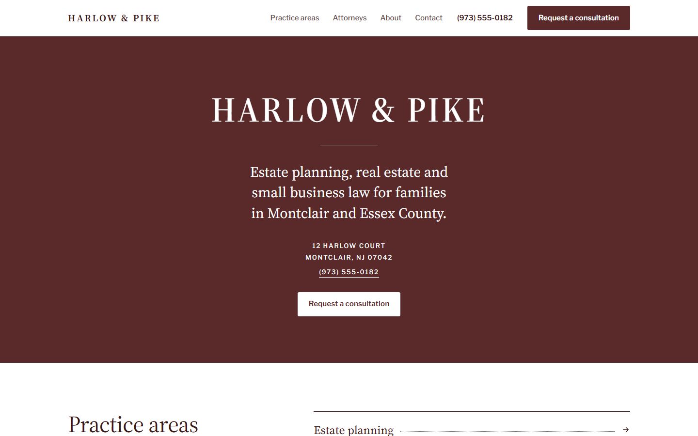 Concept homepage for Harlow & Pike, a fictional law firm: a consultation photo, practice areas and a consultation button