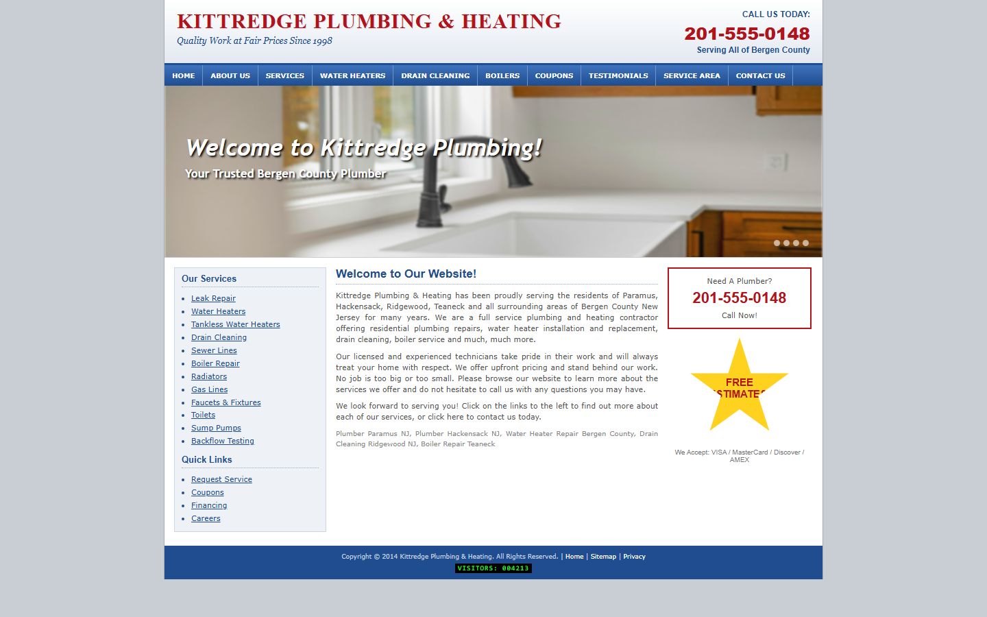 A dated plumbing company homepage with small text, a crowded menu and a blurry banner