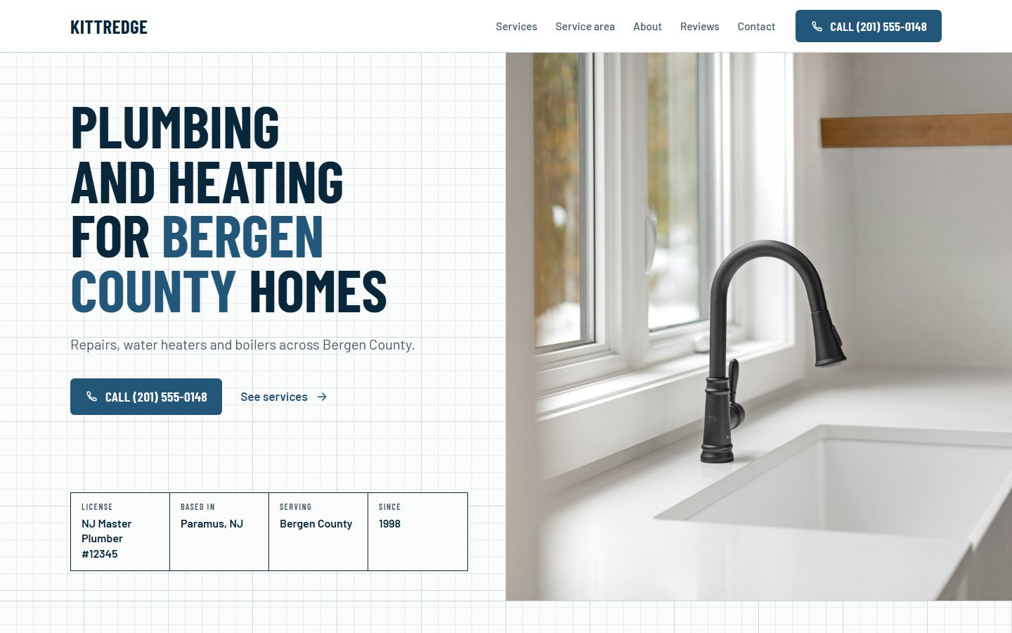 Concept homepage for Kittredge Plumbing & Heating, a fictional plumber: a large photo of a plumber at work, a call button and a list of services