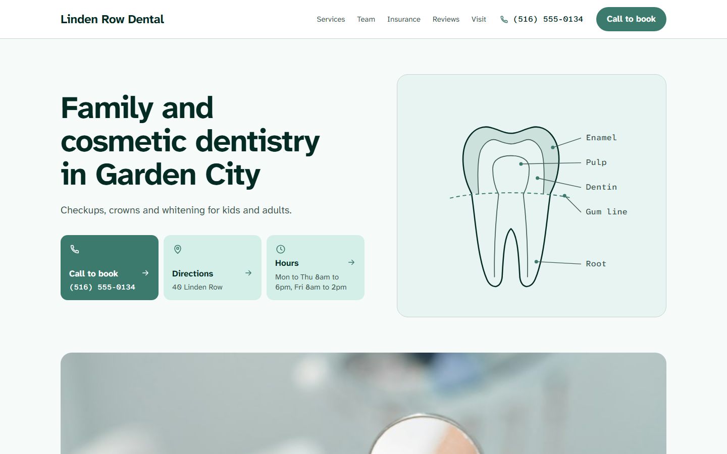 Concept homepage for Linden Row Dental, a fictional dental practice: a calm treatment room photo, a booking button and patient information